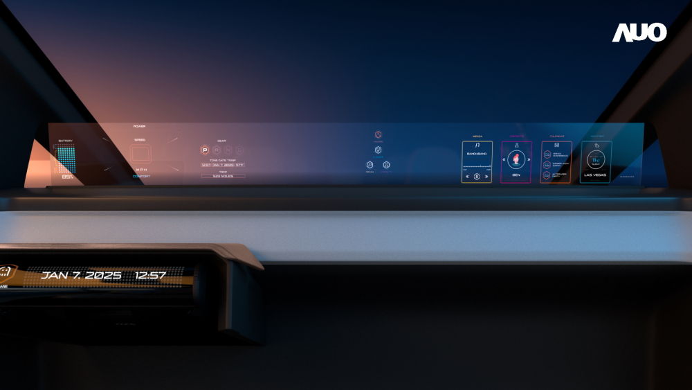 申博太陽城無界透明顯示接口(Horizon Image Glass)透過車運(yùn)算方案整合儀表板  、中控臺(tái)及副駕顯示器，一體式全景呈現(xiàn)，提供乘用者清晰的前方視野 、行車必要信息與娛樂功能