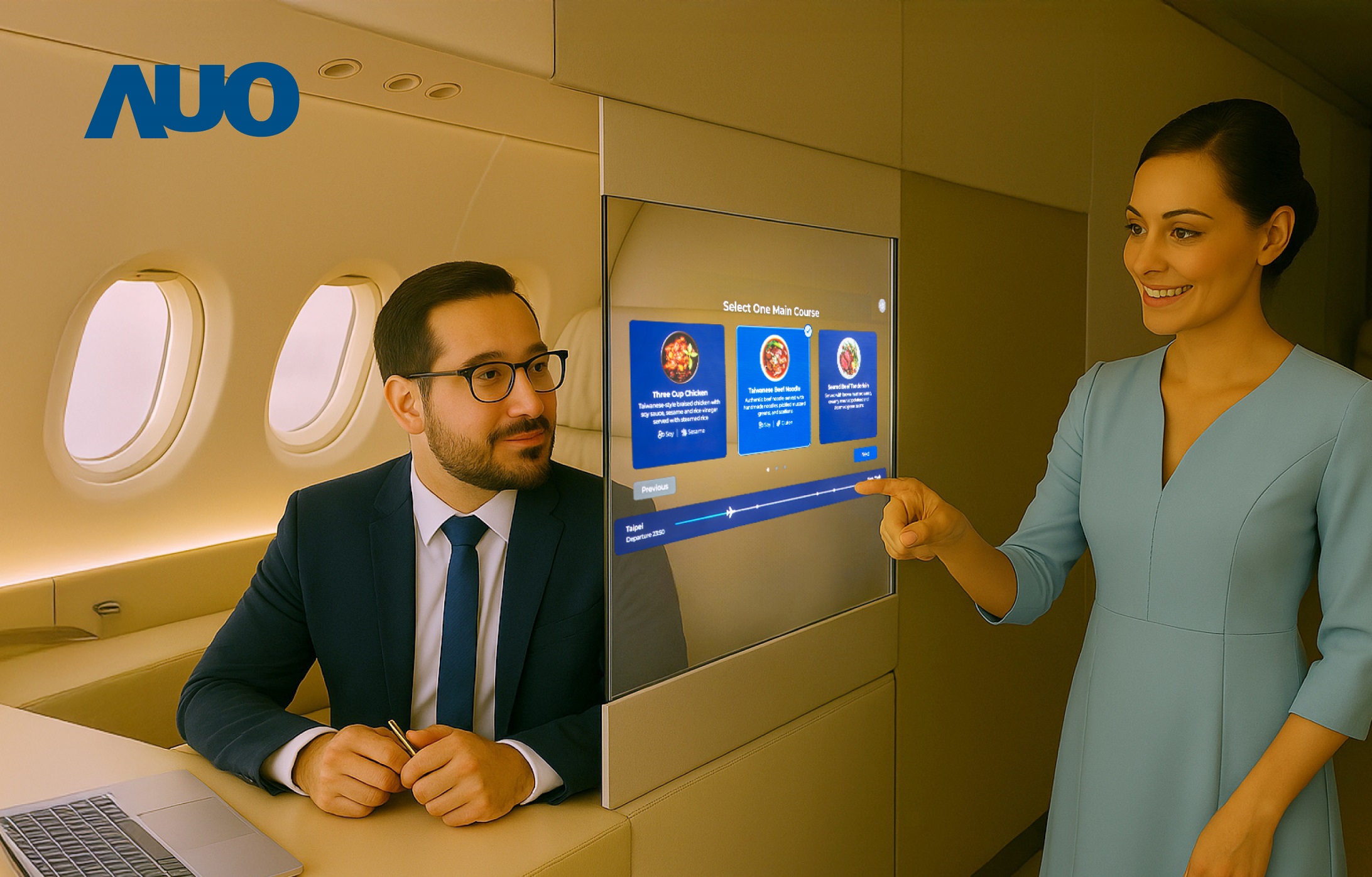 友達(dá)研發(fā)全球最薄17.3 吋雙面透明 Micro LED 顯示器，可在同一螢?zāi)恢p邊投射不同資訊，創(chuàng)造獨(dú)特的「透明化」互動；圖為即時翻譯交流應(yīng)用情境