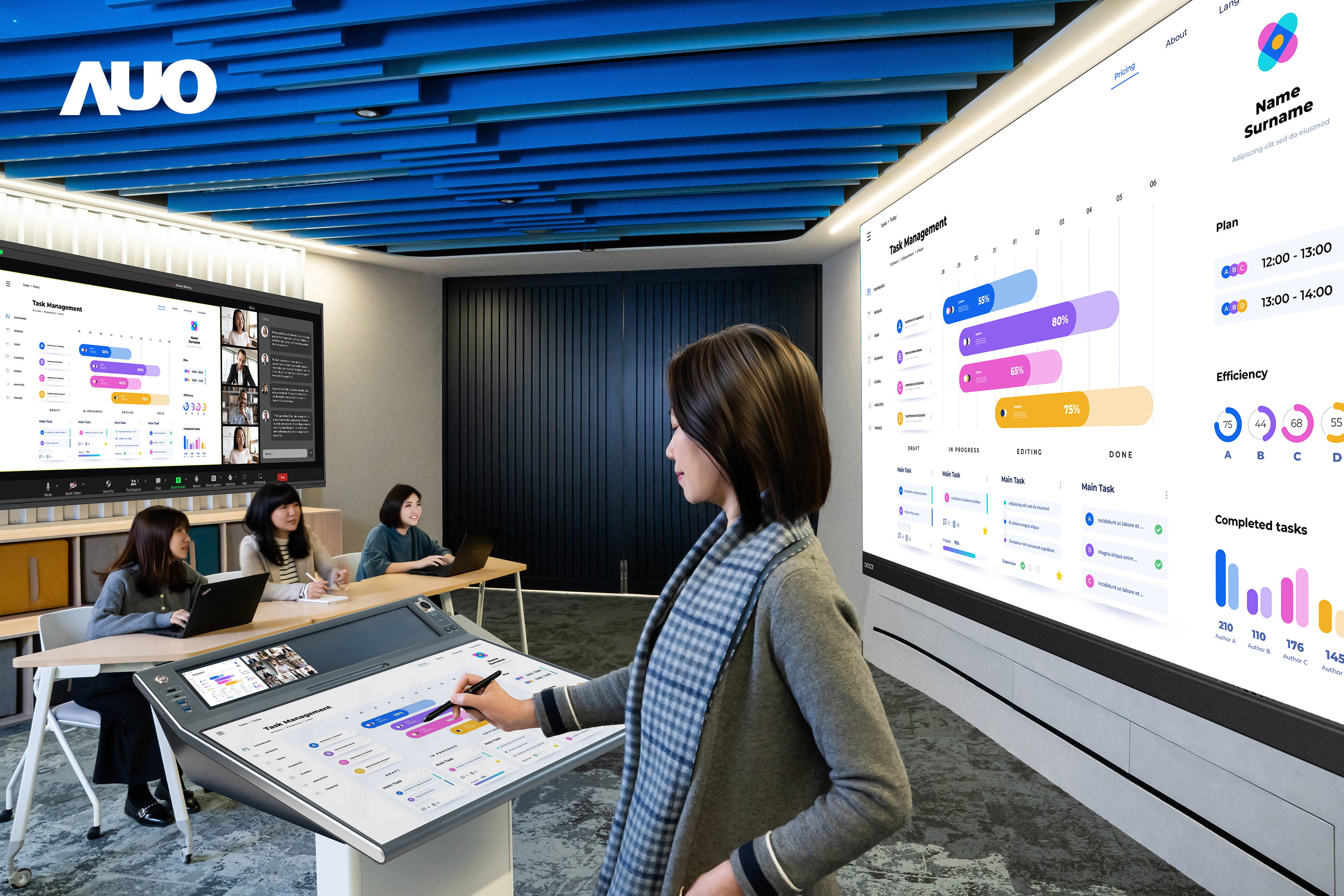 達(dá)擎攜手Avocor與Rise Vision展示全方位商務(wù)領(lǐng)域應(yīng)用，包含採(cǎi)用模組化設(shè)計(jì)的138吋一體式All-in-One LED顯示器及具21:9超寬比例的92吋互動(dòng)式電子白板（IFPD），講者可輕鬆分享內(nèi)容，有效提升會(huì)議協(xié)作效率。